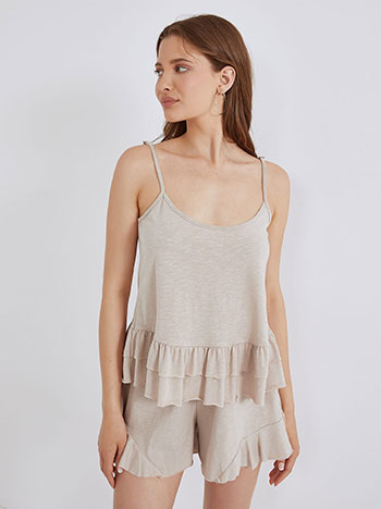 Cotton top with ruffles in beige
