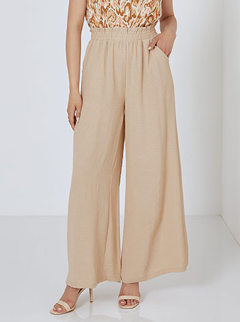 Wide leg trousers with elastic waistband in beige