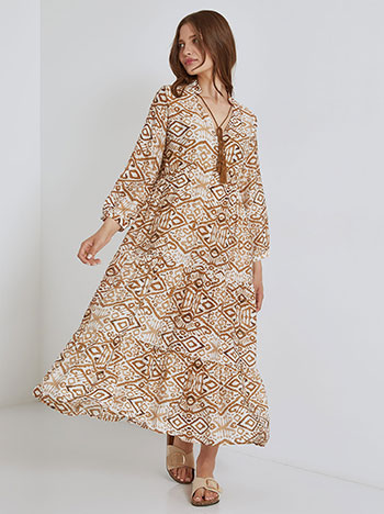 Printed kaftan dress with cotton in brown