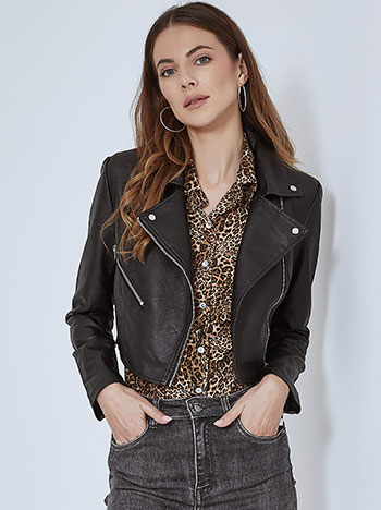 Cropped leather effect jacket with zip in black
