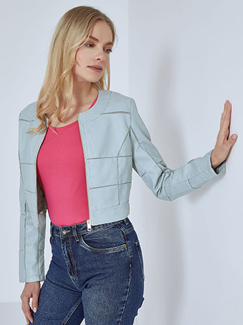 Cropped leather effect jacket in baby blue
