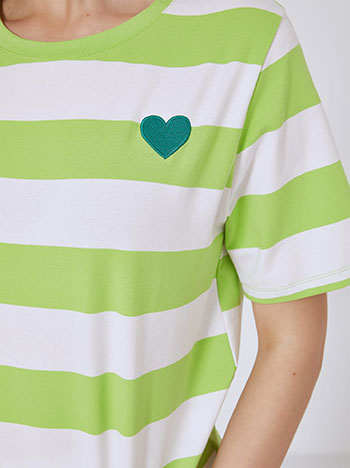 【SATIIIZ】Melran Color Matching Stripe Short Sleeve T-Shirt Striped t-shirt with heart in light green | Celestino