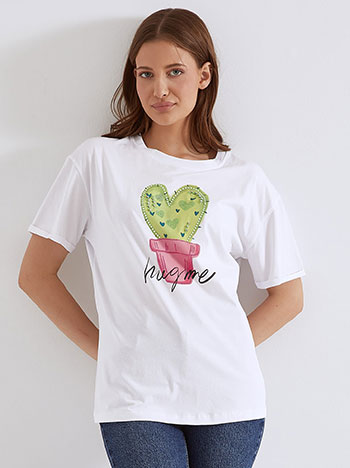 T-shirt κάκτος με καρδιές σε λευκό ροζ
