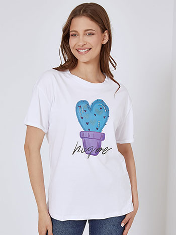 T-shirt κάκτος με καρδιές σε λευκό μωβ