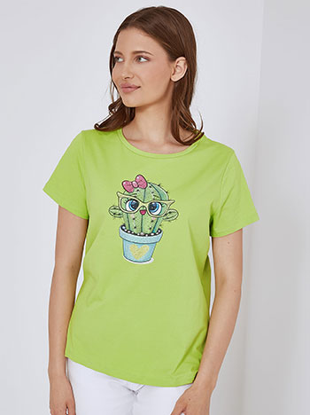 T-shirt με κάκτο και strass σε πράσινο ανοιχτό