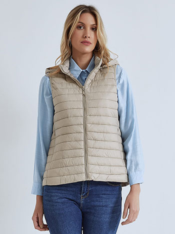 Quilted vest with detachable hoodie in beige