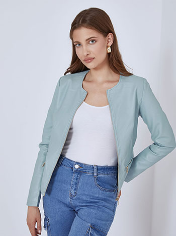 Leather effect scoop neckline jacket in baby blue