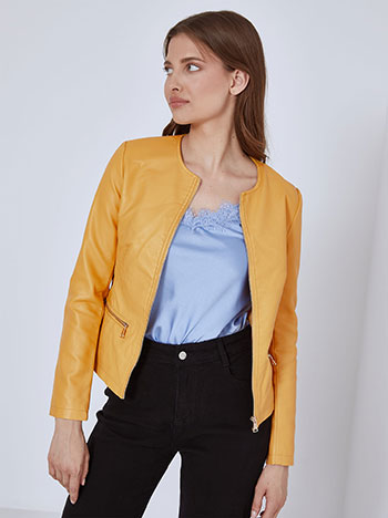 Leather effect scoop neckline jacket in mustard