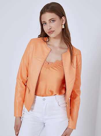 Leather effect scoop neckline jacket in light orange