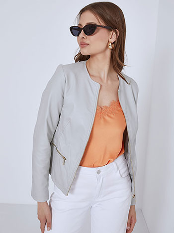 Leather effect scoop neckline jacket in light grey