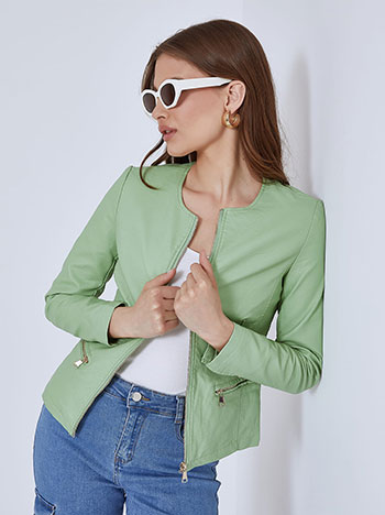 Leather effect jacket with zip fastening in light green
