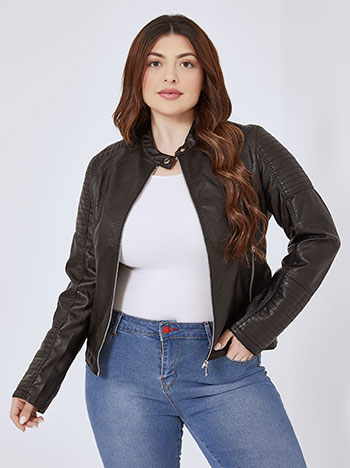 Leather effect jacket with decorative seams in black