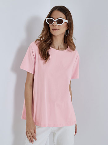 Μονόχρωμο oversized τ-shirt, στρογγυλή λαιμόκοψη, ύφασμα με ελαστικότητα, ροζ
