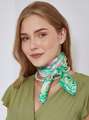 Floral satin scarf in green