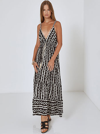 Printed dress with decorative cord in black