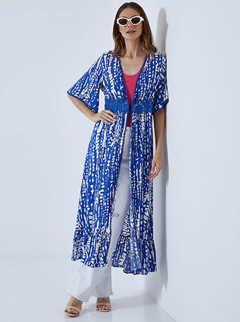 Printed kimono with lace detail in blue