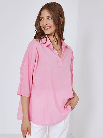 Βαμβακερή μπλούζα με κλασικό γιακά σε ροζ