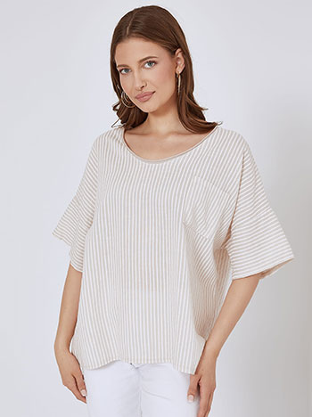 Striped top with pocket in beige