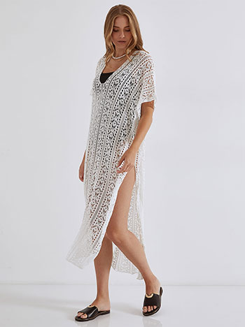 Broderie V neckline kaftan in white