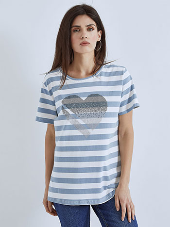 Ριγέ t-shirt με strass καρδιά, στρογγυλή λαιμόκοψη, ύφασμα με ελαστικότητα, μπλε ραφ λευκο