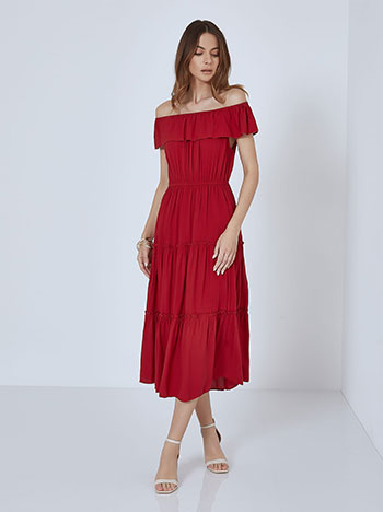 Μονόχρωμο φόρεμα με ακάλυπτους ώμους, με βολάν, ελαστική μέση, κοκκινο σκουρο