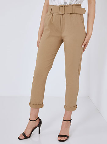 High waist trousers with belt in dark beige