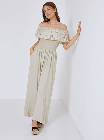 Jumpsuit with broderie ruffles in beige