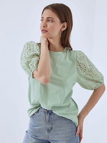 Top with balloon broderie sleeves in mint