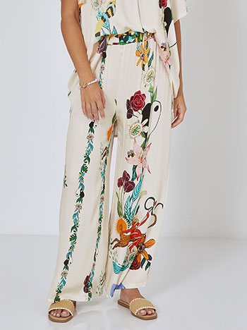 Printed high waist wide leg trousers in light beige