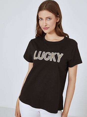 T-shirt Lucky με strass σε μαύρο χρυσό