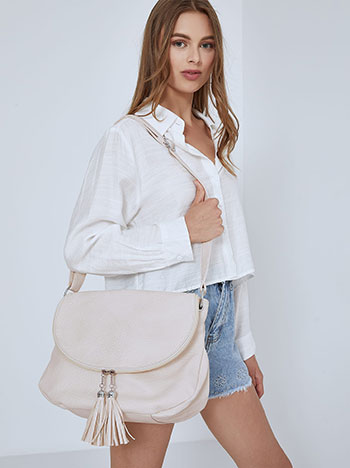 Leather effect bag with tassels in light beige