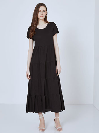 Βαμβακερό maxi φόρεμα, στρογγυλή λαιμόκοψη, με βολάν, μαυρο