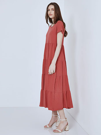 Βαμβακερό maxi φόρεμα, στρογγυλή λαιμόκοψη, με βολάν, κοκκινο ανοιχτο