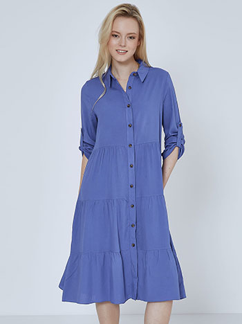 Midi βαμβακερό φόρεμα με κουμπιά, κλείσιμο με κουμπιά, γυριστό μανίκι με κουμπί, κλασικός γιακάς, μπλε