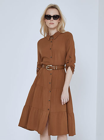 Midi cotton dress with buttons in brown