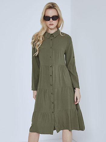Midi cotton dress with buttons in khaki