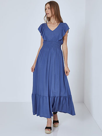Βαμβακερό φόρεμα με βολάν, v λαιμόκοψη, ελαστική μέση, μπλε