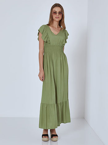 Βαμβακερό φόρεμα με βολάν, v λαιμόκοψη, ελαστική μέση, πρασινο ανοιχτο