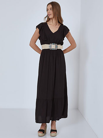Βαμβακερό φόρεμα με βολάν, v λαιμόκοψη, ελαστική μέση, μαυρο