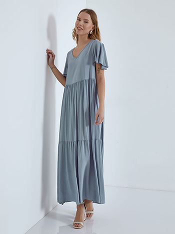 Maxi βαμβακερό φόρεμα μονόχρωμο, v λαιμόκοψη, με βολάν, απαλή υφή, μπλε ραφ