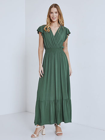 Κρουαζέ βαμβακερό φόρεμα, v λαιμόκοψη, ελαστική μέση, με βολάν, πρασινο σκουρο