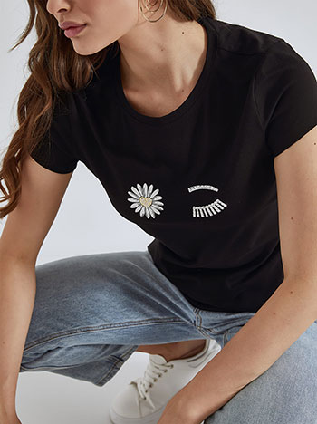 T-shirt με λουλούδι και μάτι σε μαύρο
