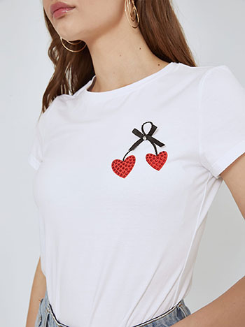 T-shirt με λεπτομέρειες strass και φιόγκο σε λευκό