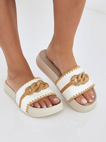 Slider sandals with straw details in white