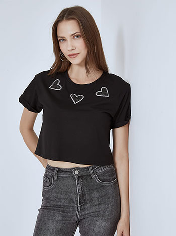 Μπλούζες/T-shirts Crop t-shirt με strass καρδιές SM7974.4118+1