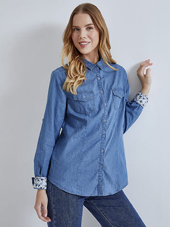 Βαμβακερό πουκάμισο με τζιν όψη, κλασικός γιακάς, κλείσιμο με κουμπιά, γυριστό μανίκι με κουμπί, ιντιγκο