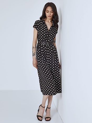Polka dot dress with leather effect belt in black