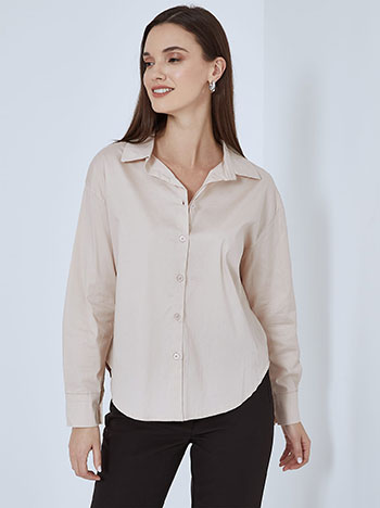 Μονόχρωμο πουκάμισο με βαμβάκι, κλασικός γιακάς, κλείσιμο με κουμπιά, ύφασμα με ελαστικότητα, μπεζ