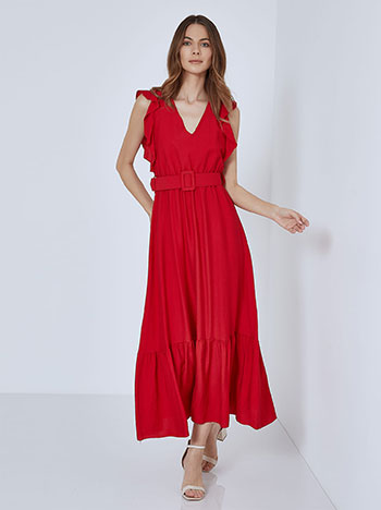 Sleeveless dress with detachable belt in red