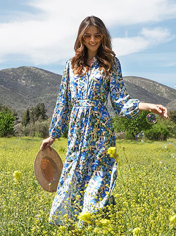 Floral satin like shirtdress in blue